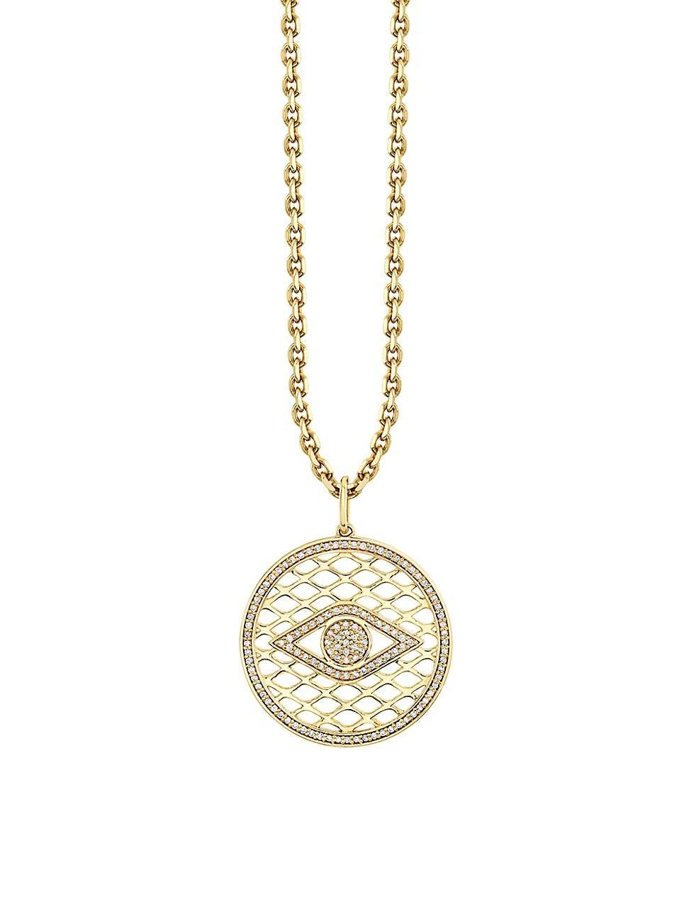 Womens 14K Yellow Gold & 0.31 TCW Diamond Evil Eye Lattice Disc Pendant Necklace Product Image