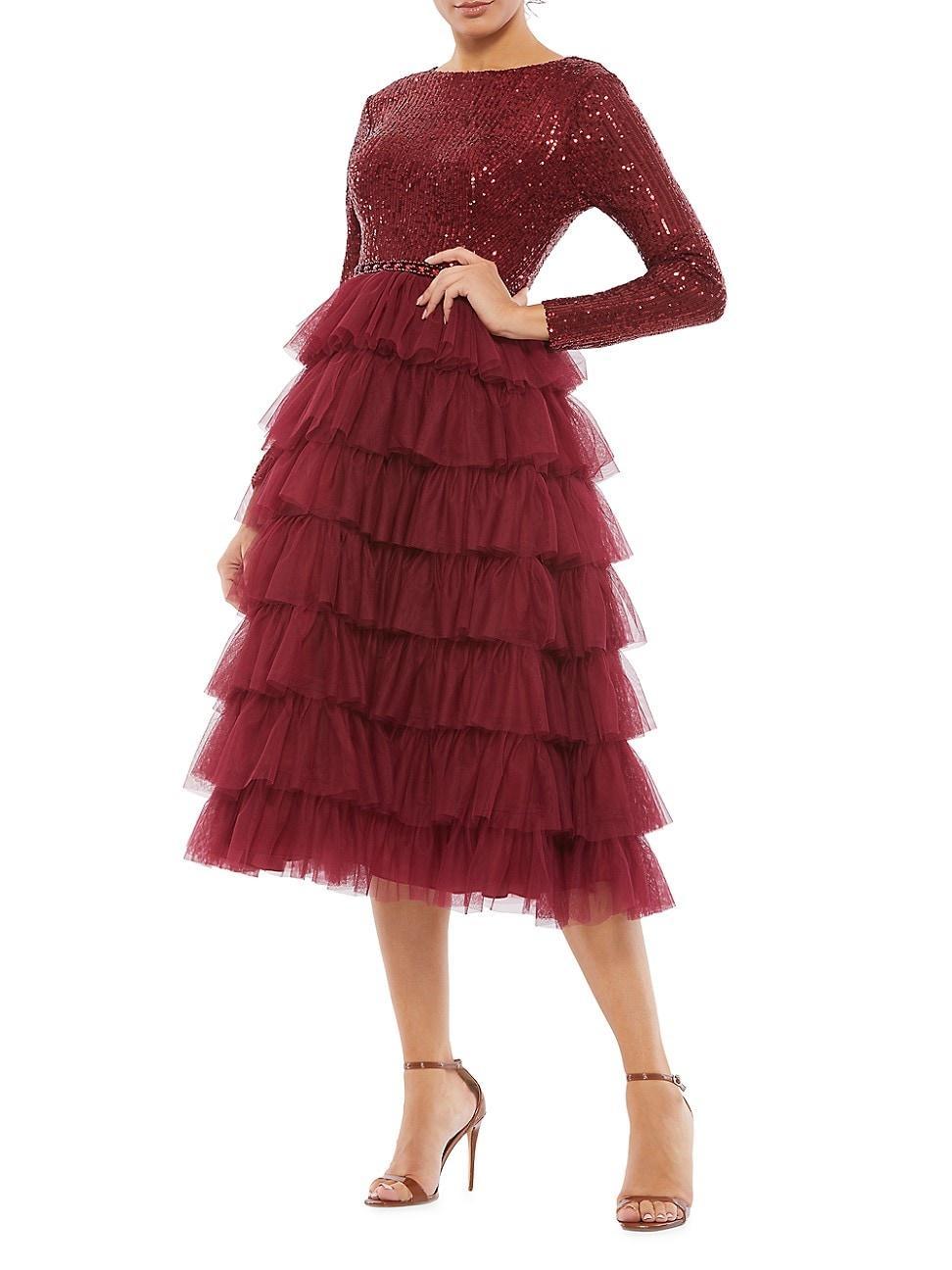 Mac Duggal Sequin Tiered Long Sleeve Tulle Cocktail Dress Product Image