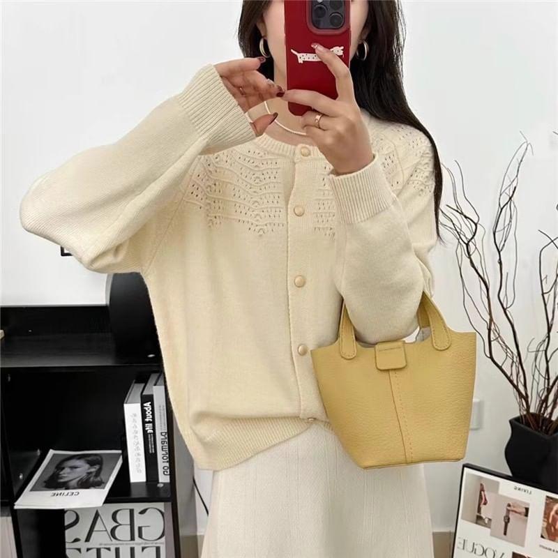 Round Neck Plain Pointelle Knit Cardigan Product Image