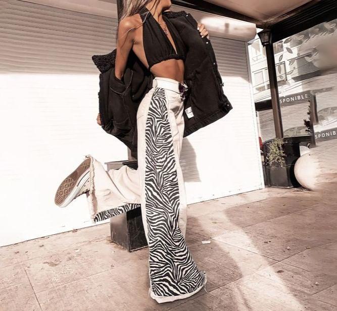 High Waist Animal Print Paneled Loose-Fit Wide-Leg Pants Product Image