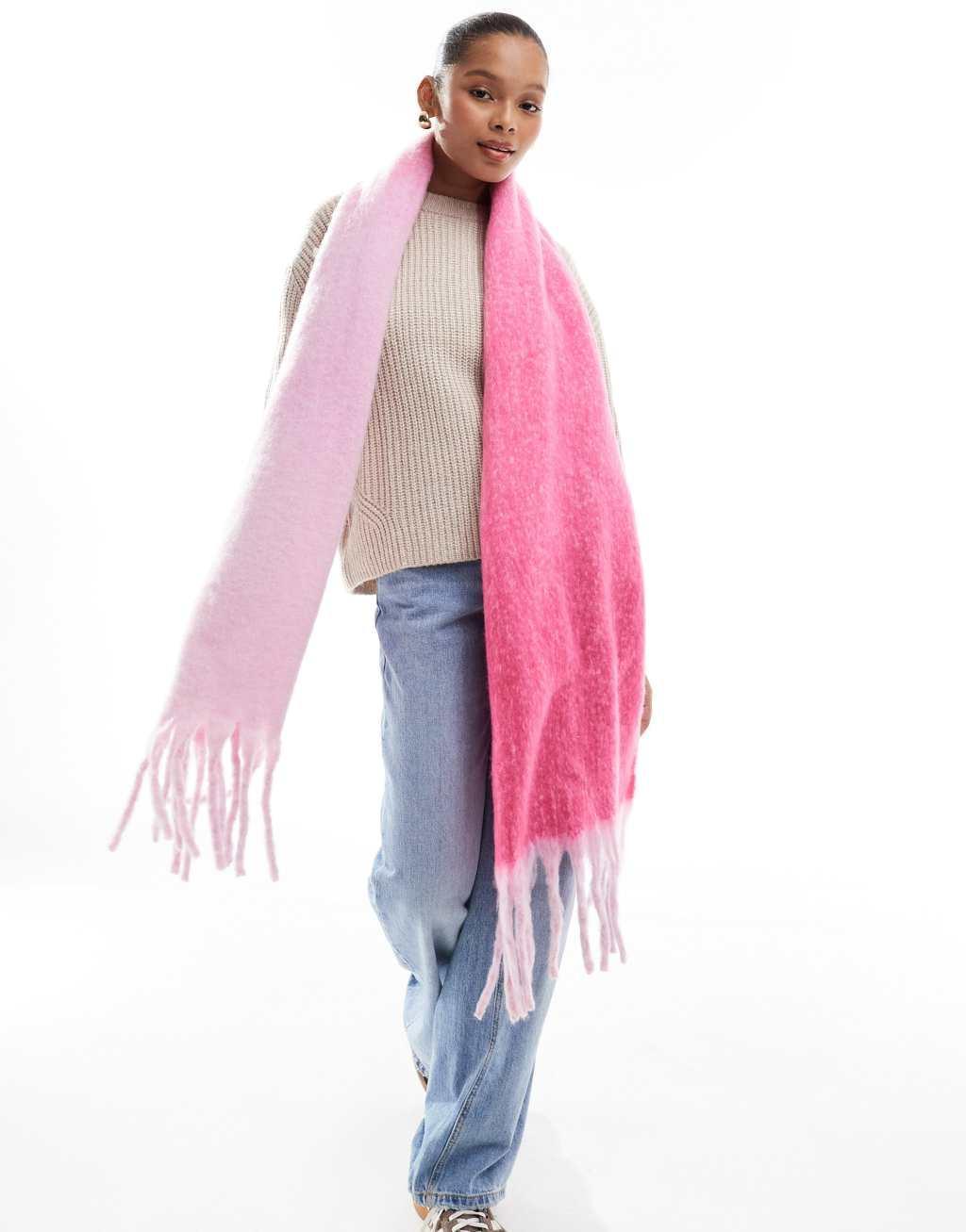 Pieces super soft tassel scarf in candy pink ombre Product Image