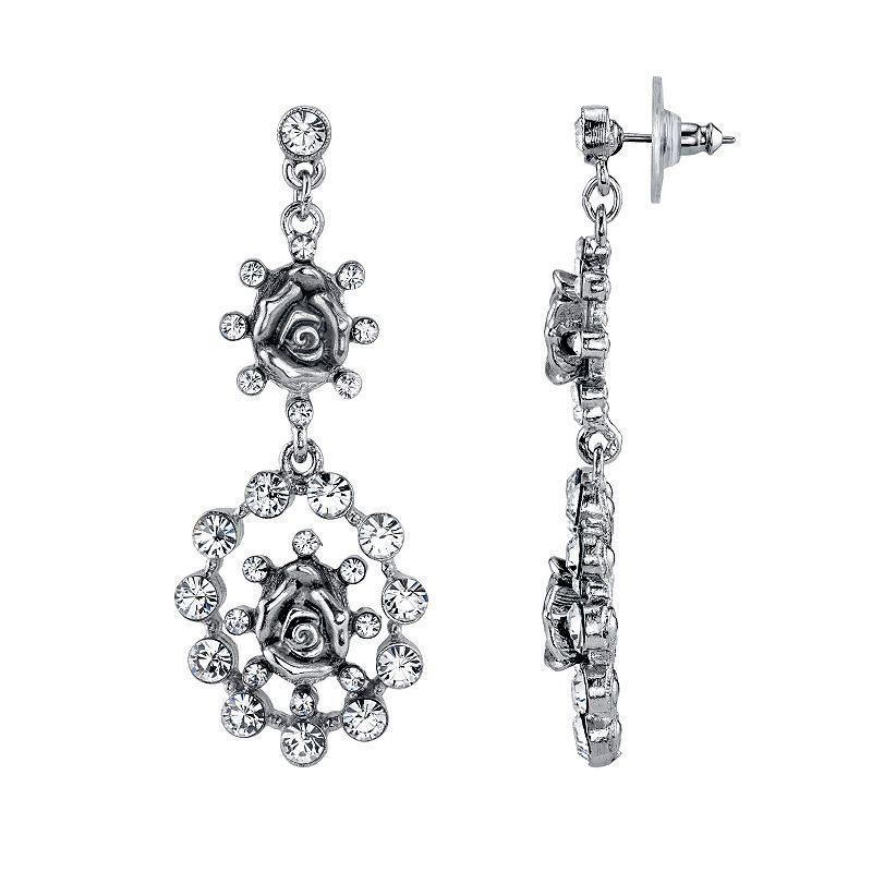 1928 Simulated Crystal & Rose Drop Earrings, Womens, White Product Image