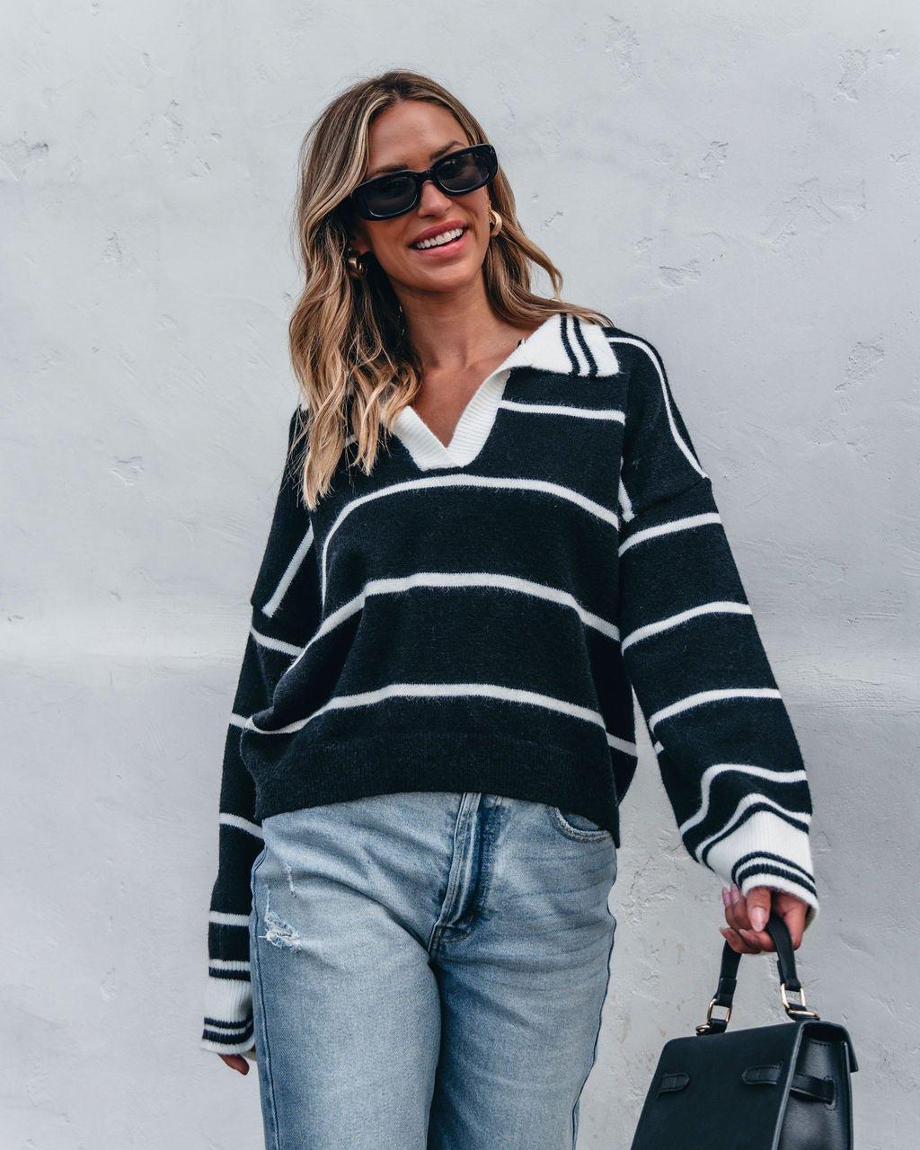 Black and White Stripe Collared Sweater - FINAL SALE Product Image