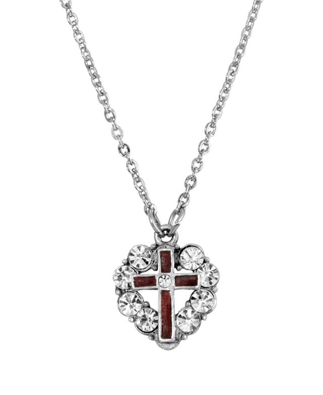 Symbols of Faith Silver-Tone Enamel Heart Cross Necklace, Womens, Red Product Image