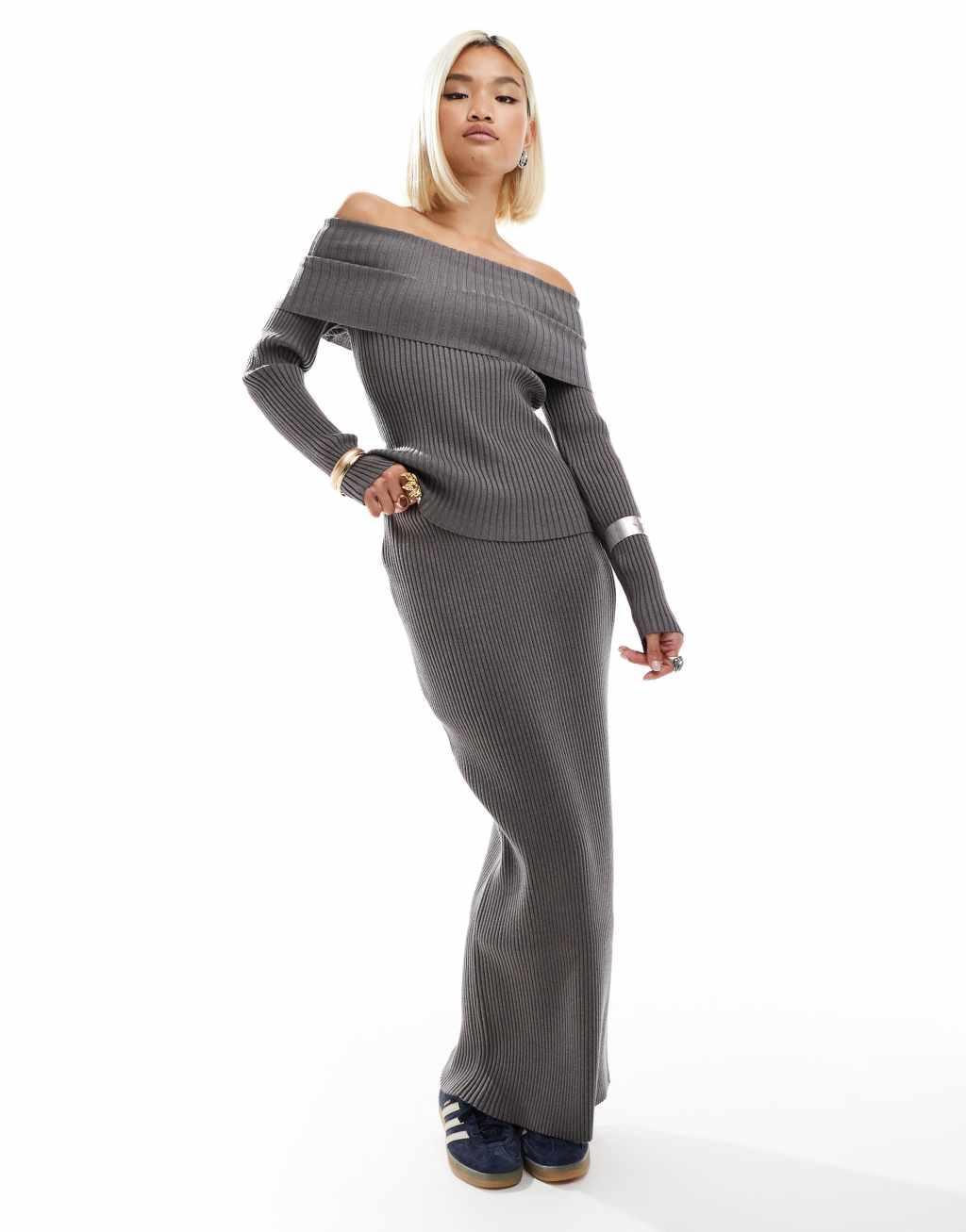 Glamorous off shoulder rib knit sweater in charcoal - part of a set Product Image