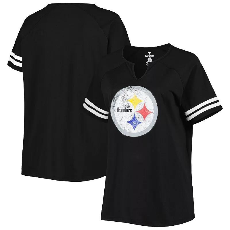 Womens Fanatics Branded Pittsburgh Steelers Plus Size Logo Striped Raglan Notch Neck T-Shirt Product Image