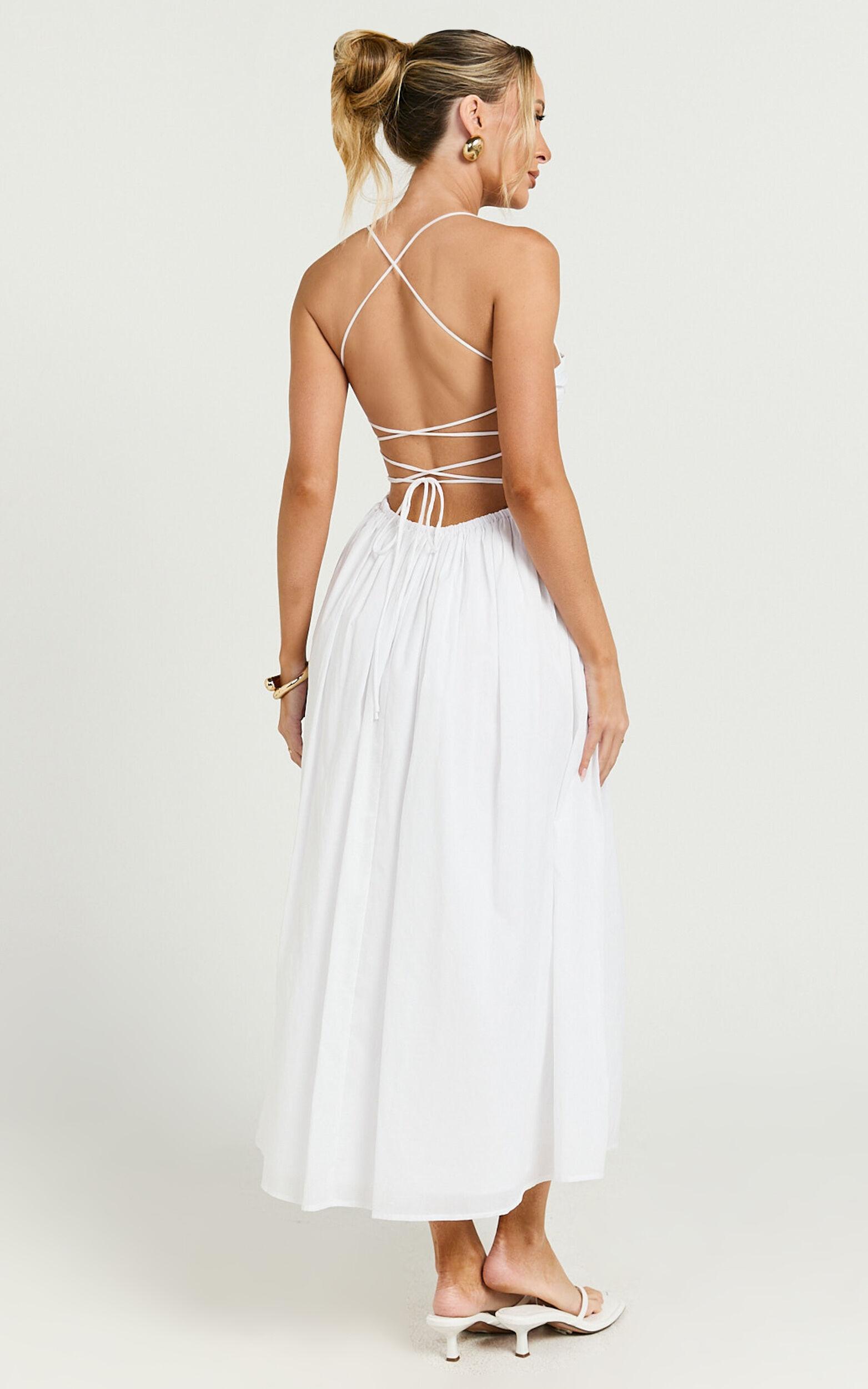 Caroline Midi Dress - Strapped Ruched Bodice Gathered Skirt Dress in White Product Image