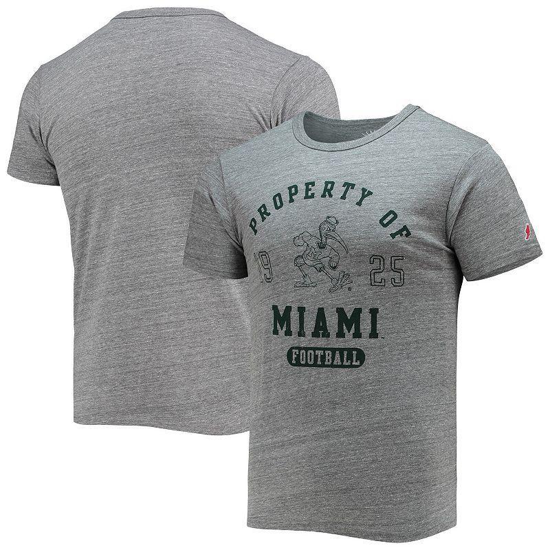 Mens League Collegiate Wear Heathered Gray Miami Hurricanes Hail Mary Football Victory Falls Tri-Blend T-Shirt Product Image