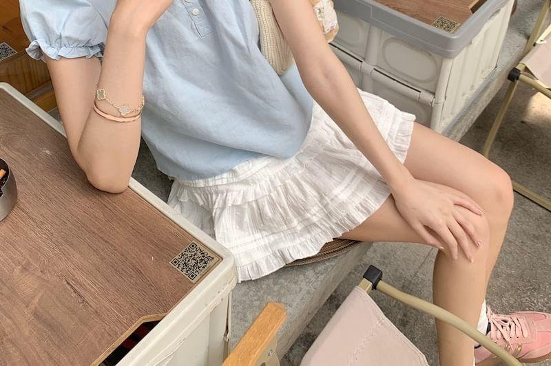 Short-Sleeve Henley Plain Blouse Product Image