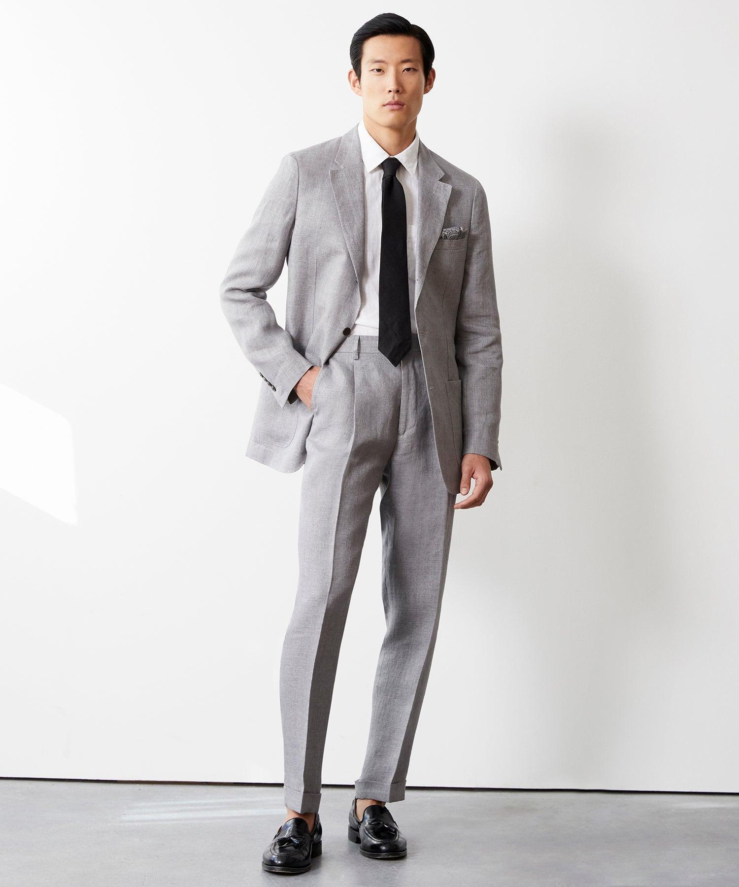 Italian Linen Madison Trouser in Light Grey Herringbone Product Image