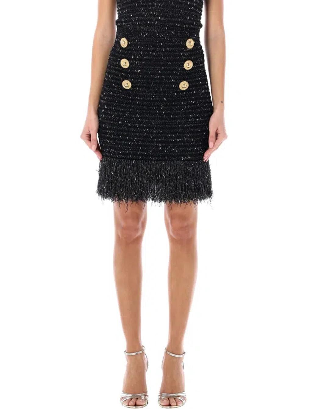 BALMAIN Trendy Lurex Tweed Skirt With Fringe Detail For Women In Nero Oro Product Image