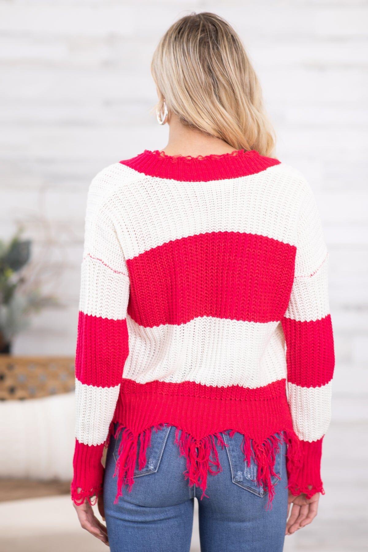 Raspberry and Ivory Fringe Hem Stripe Sweater Product Image