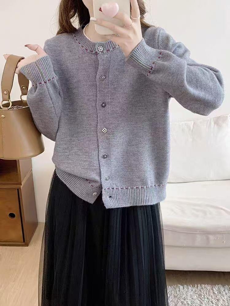 Round Neck Stitching Button Up Cardigan Product Image