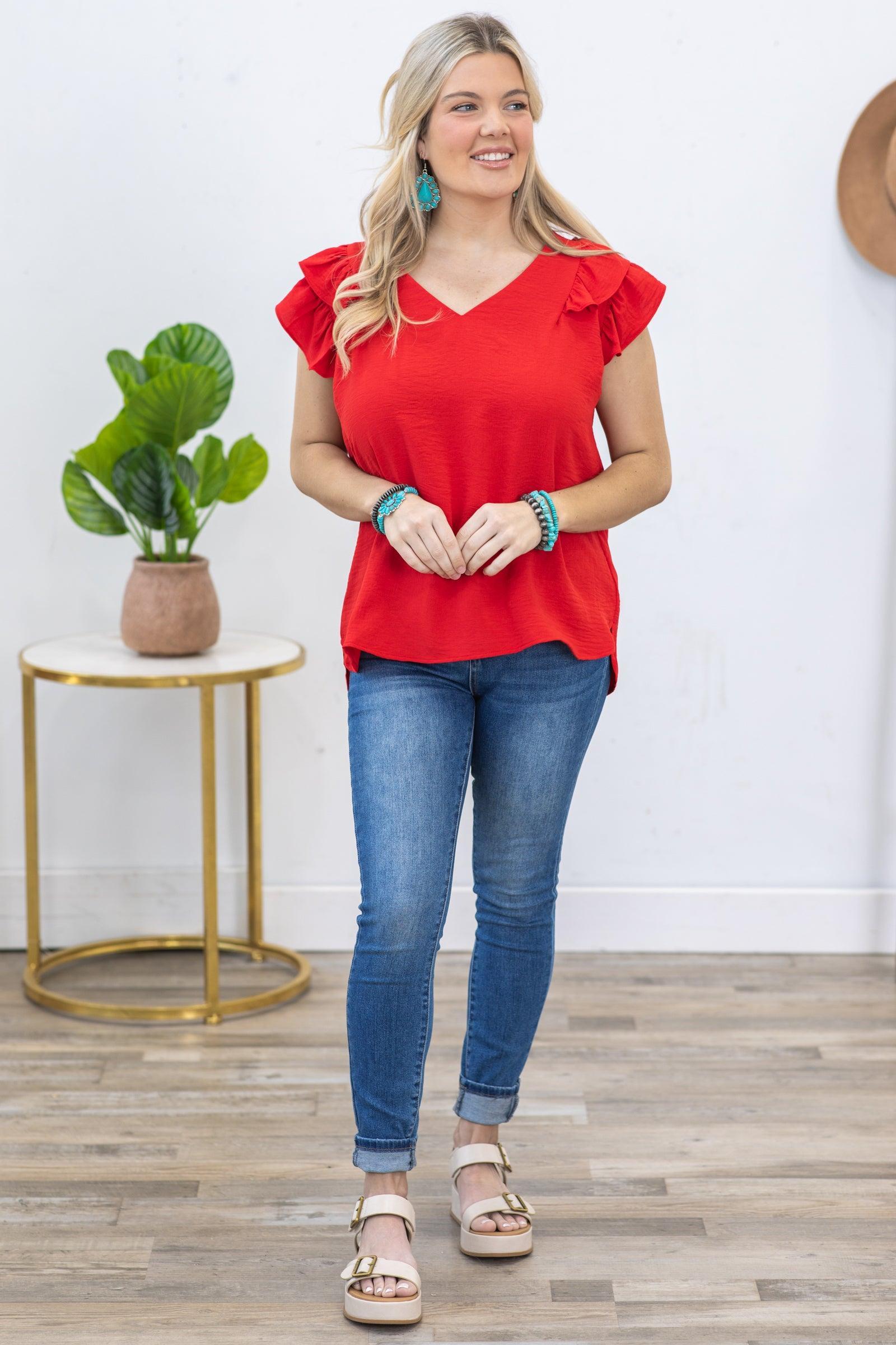 Red V-Neck Airflow Ruffle Detail Top Product Image