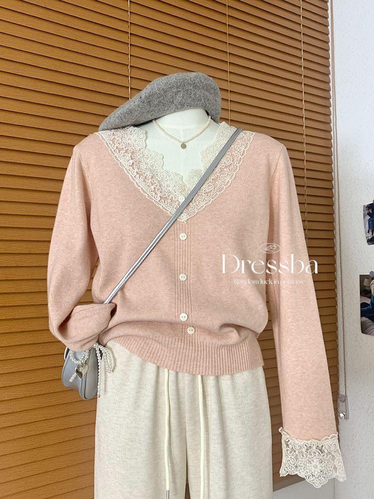 Long Sleeve V-Neck Button Panel Lace Knit Top Product Image