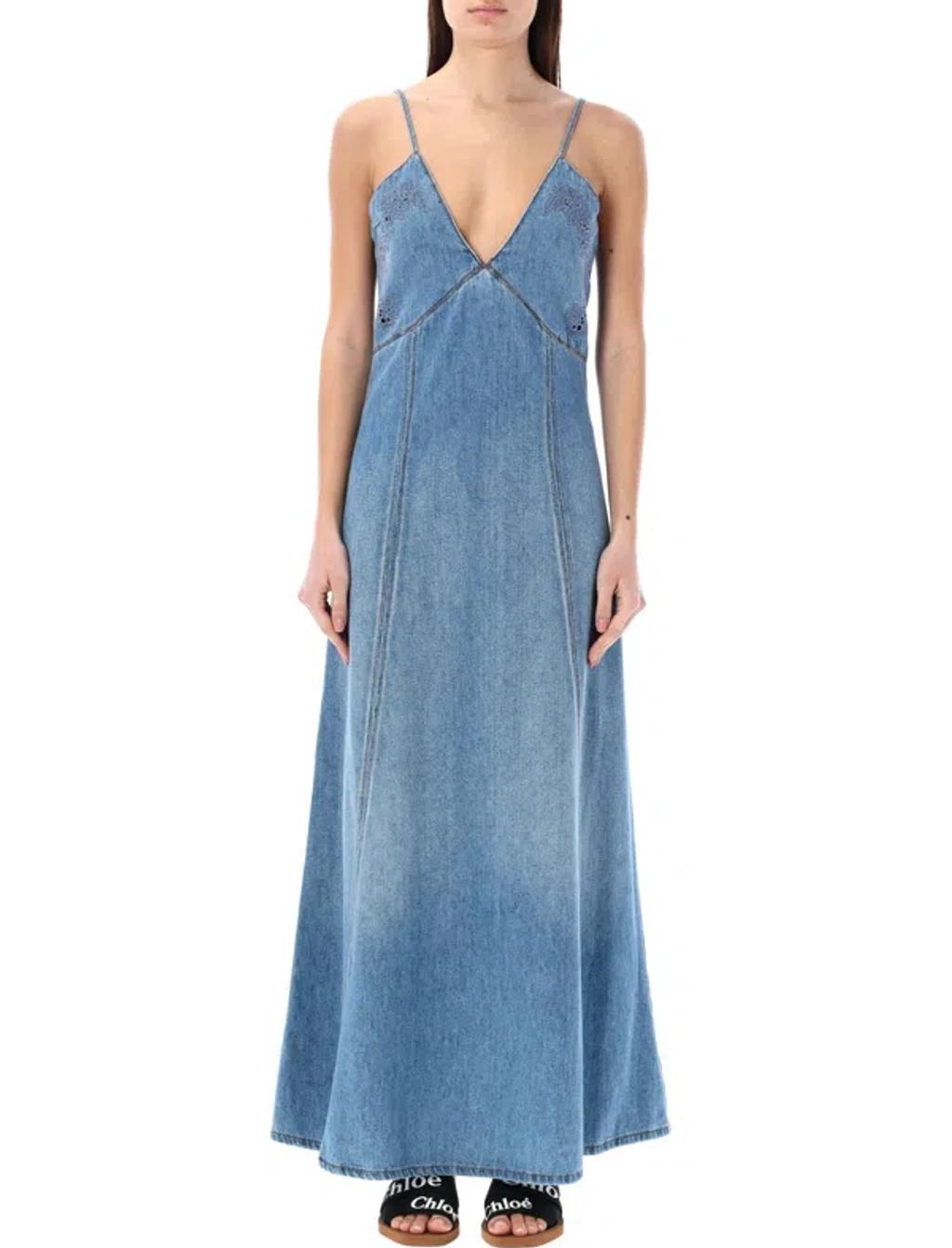 Long Flared Denim Dress In Blue Product Image