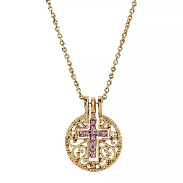 1928 Gold Tone Birthstone Crystal Cross Pendant Necklace, Womens, Pink Product Image