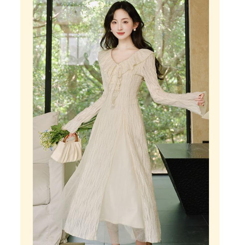 Long-Sleeve V-Neck Plain Ruffle Trim Tie Front Midi A-Line Dress Product Image