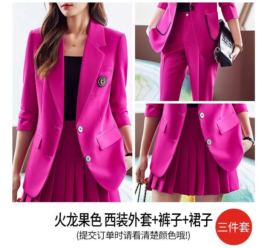 Lapel Collar Plain Single Breasted Blazer / High Rise Plain Slacks / Mini Pleated Skirt / Set Product Image