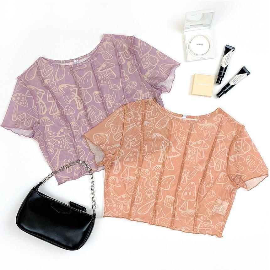 Short-Sleeve Mesh Ruffle Trim Mushroom Print Crop Top Product Image