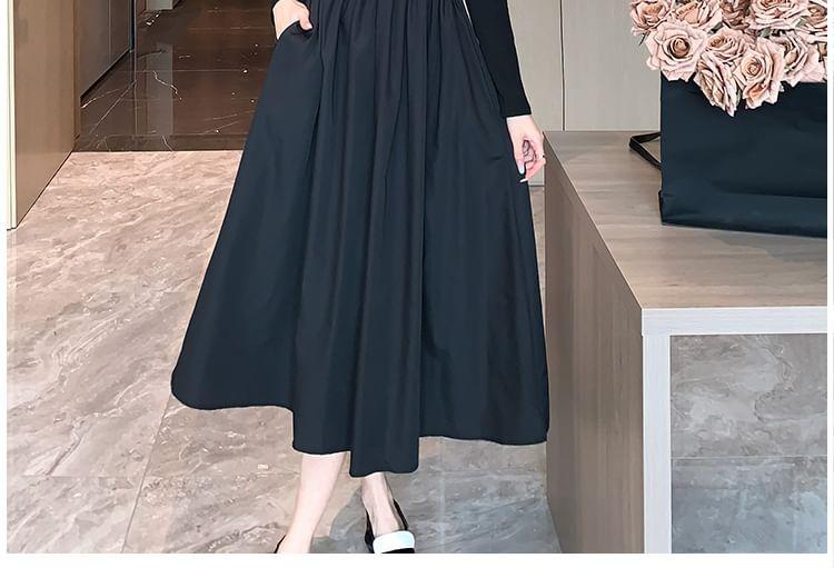 Long Sleeve Mock Neck Plain Gathered Panel Midi A-Line Dress Product Image