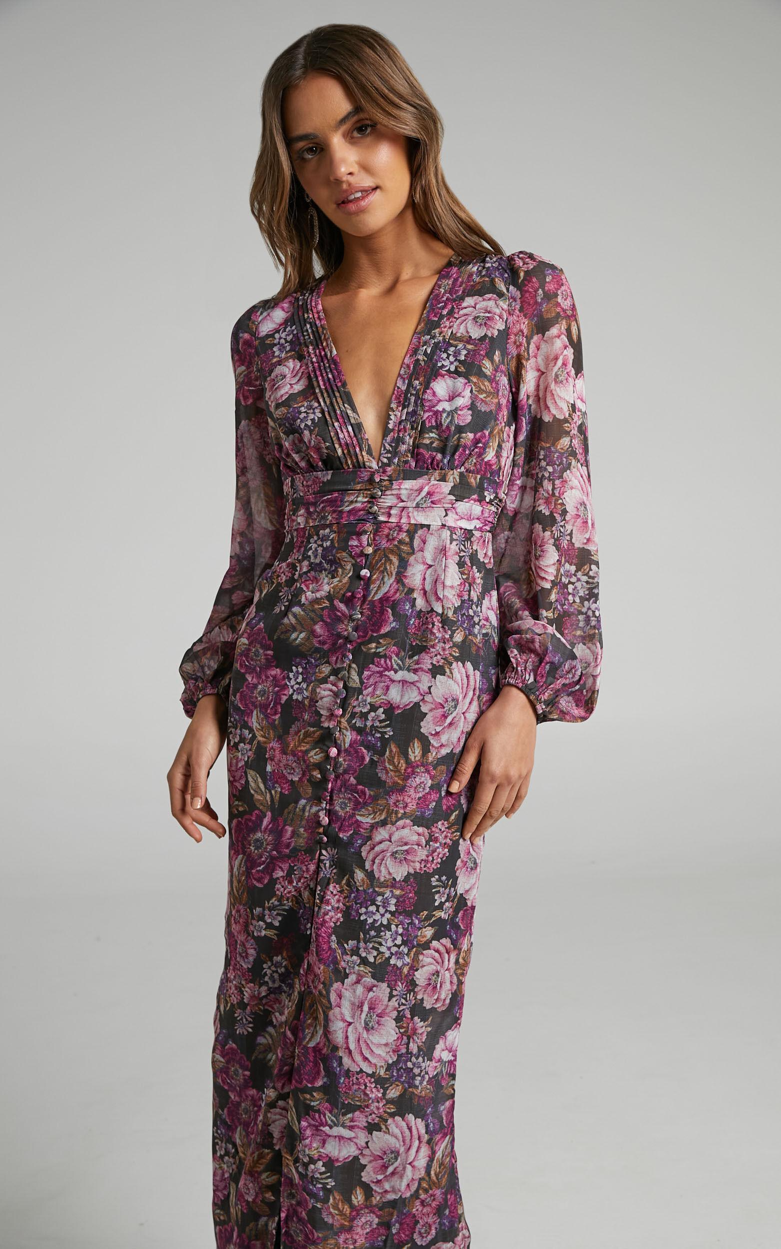 Lorelei Midi Dress - V Neck Balloon Sleeve Dress in Harvest Floral Product Image