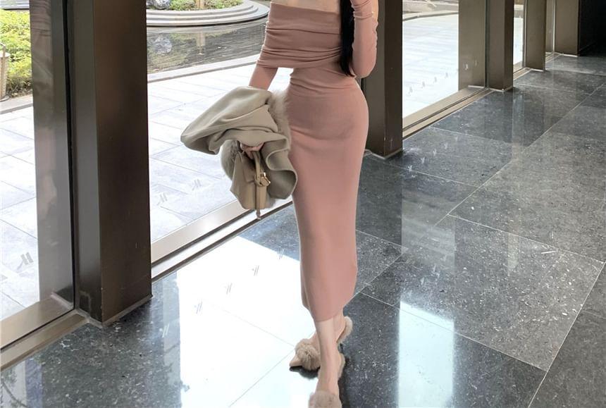 Long Sleeve Off Shoulder Plain Knit Midi Sheath Dress Product Image