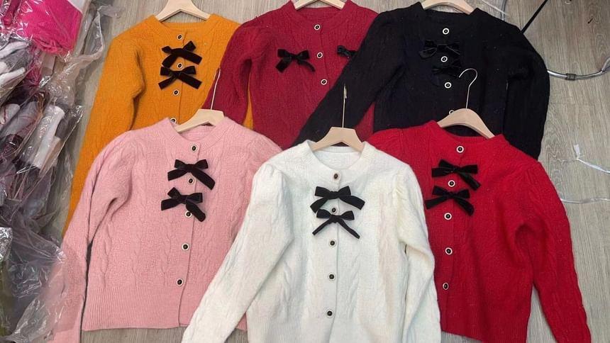 Crew Neck Glitter Bow Accent Cable Knit Button-Up Cardigan Product Image