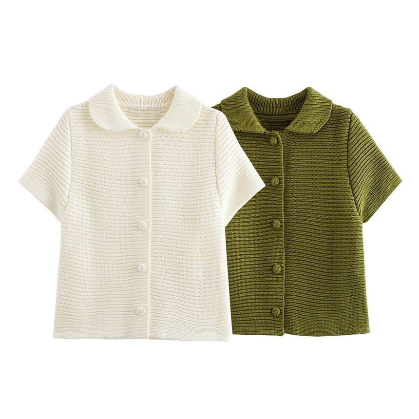 Short Sleeve Collared Plain Button Ribbed Knit Top Product Image