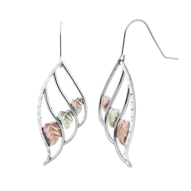 Black Hills Gold Tri-Tone Openwork Leaf Drop Earrings in Sterling Silver, Womens Product Image