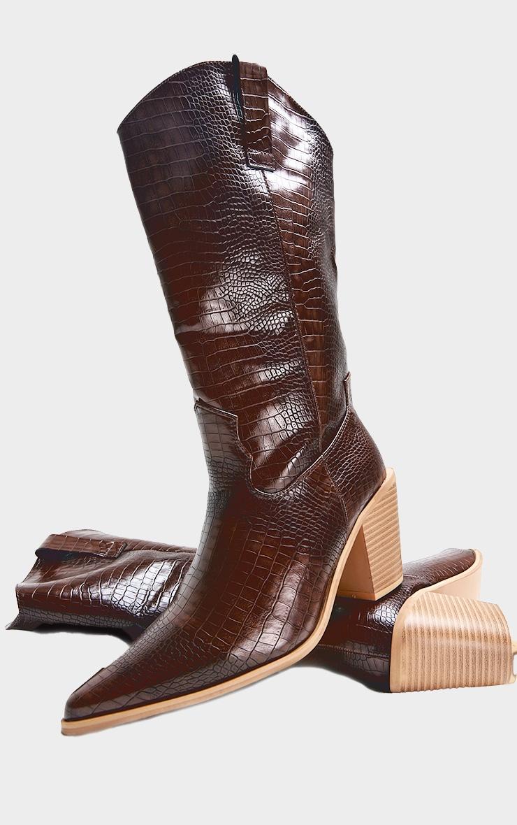 Brown PU Wide Fit Croc Point Toe Knee High Western Boots Product Image