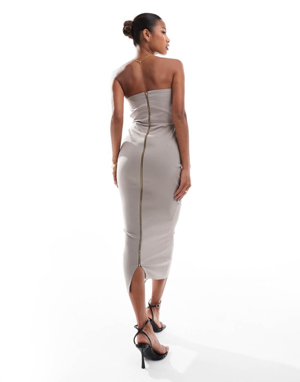 Vesper bandeau sweetheart neckline bodycon midaxi dress in taupe Product Image