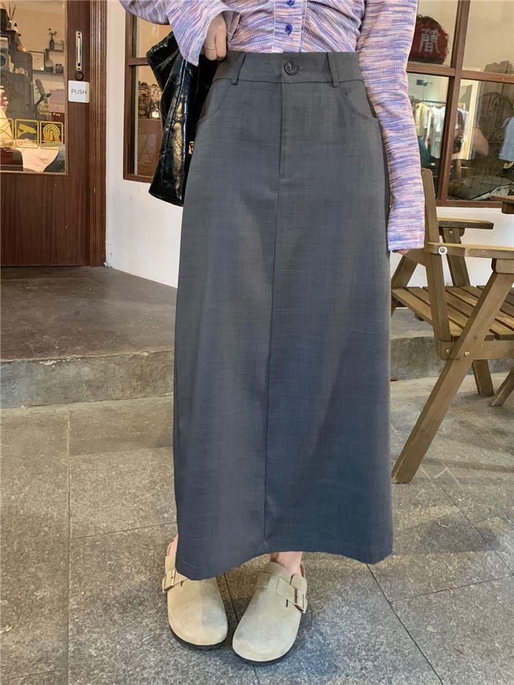 Long Sleeve Open Placket Melange Button Top / High Waist Plain Maxi Pencil Skirt Product Image