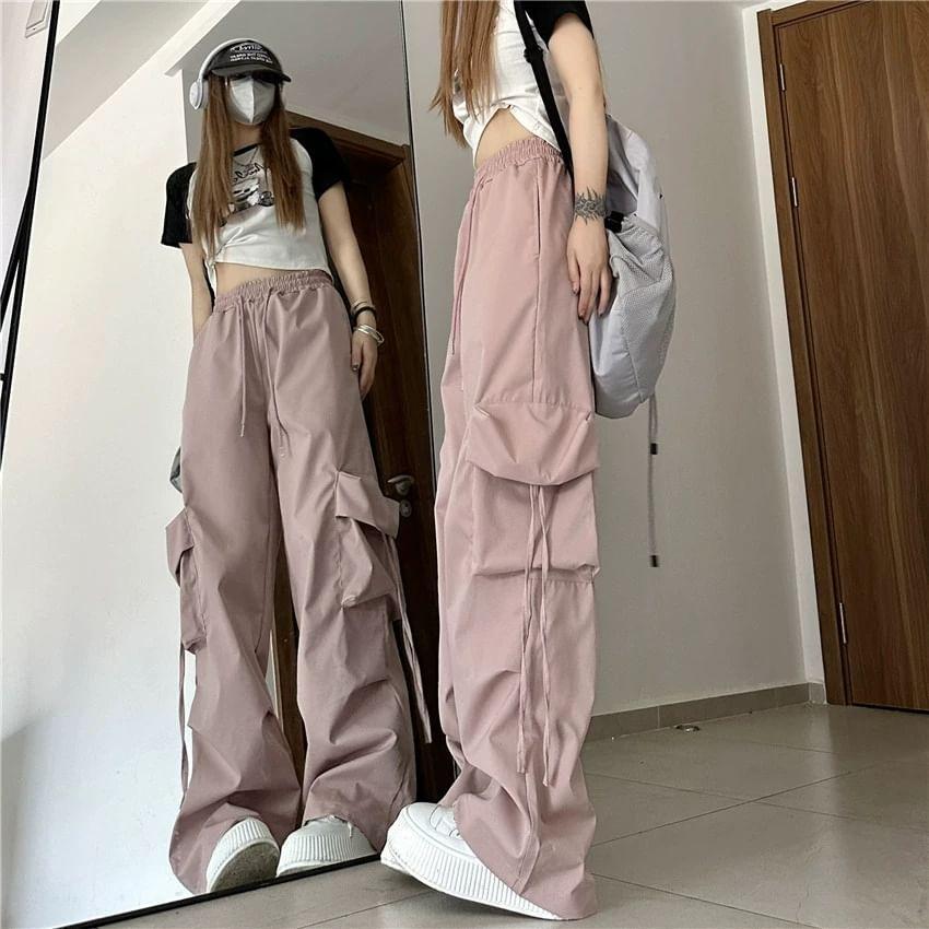 Mid Rise Plain Drawstring Cargo Baggy Pants Product Image