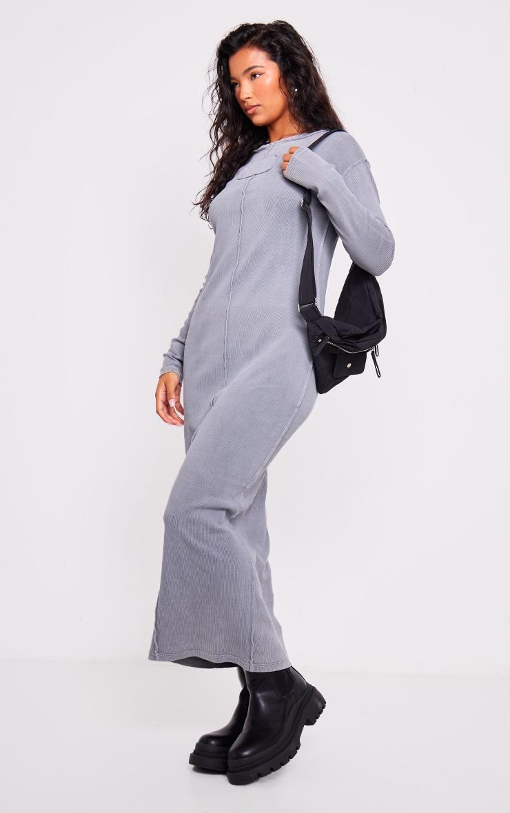 Grey Ribbed Exposed Seam Long Sleeve Maxi Dress Product Image