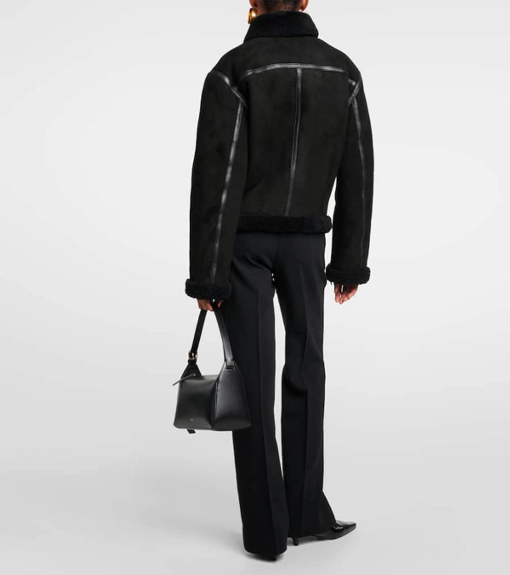 Shearling-trim Zip-up Suede Jacket In Black Product Image