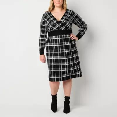 Robbie Bee Womens Long Sleeve Plaid Midi Sweater Dress Plus Product Image