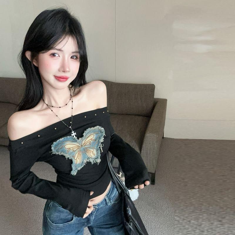 Long Sleeve Off Shoulder Butterfly Applique Top Product Image