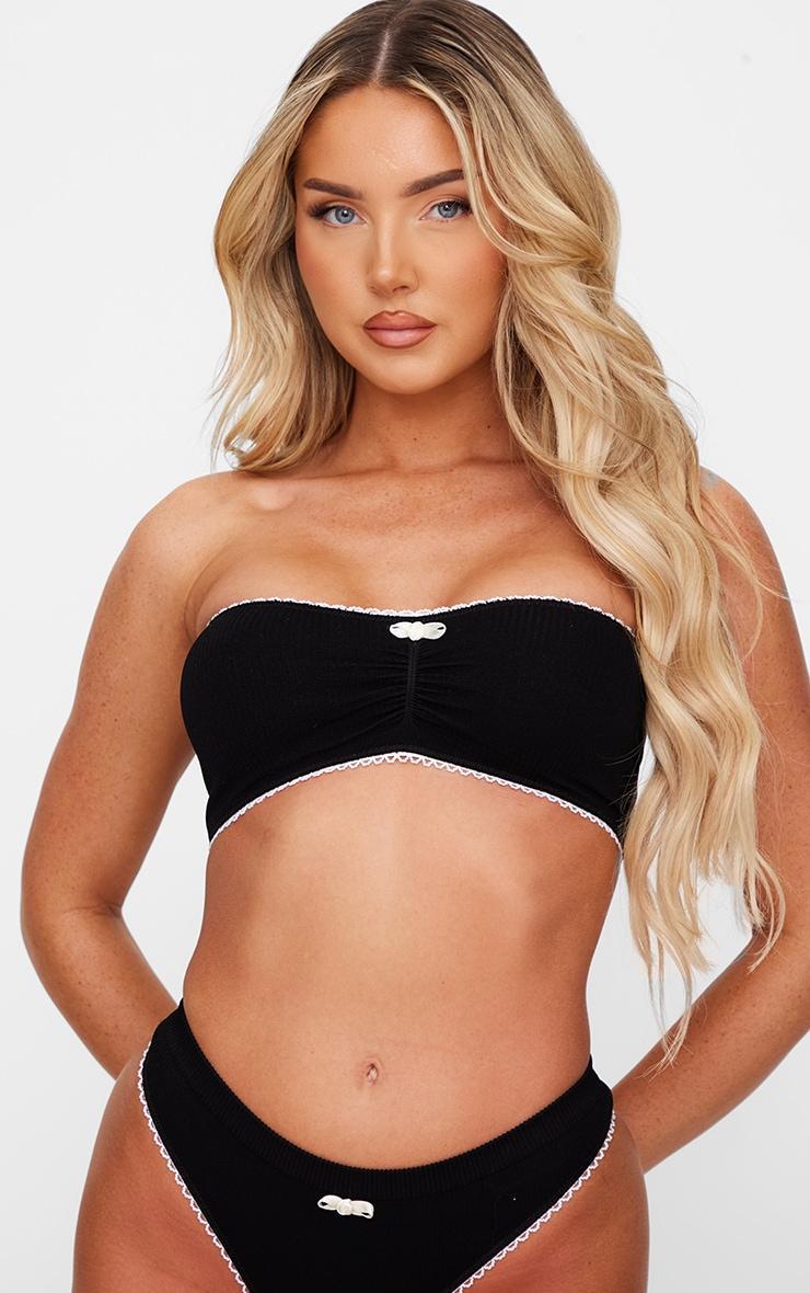 Black Ribbed Bandeau Bra And Thong Lingerie Set Product Image