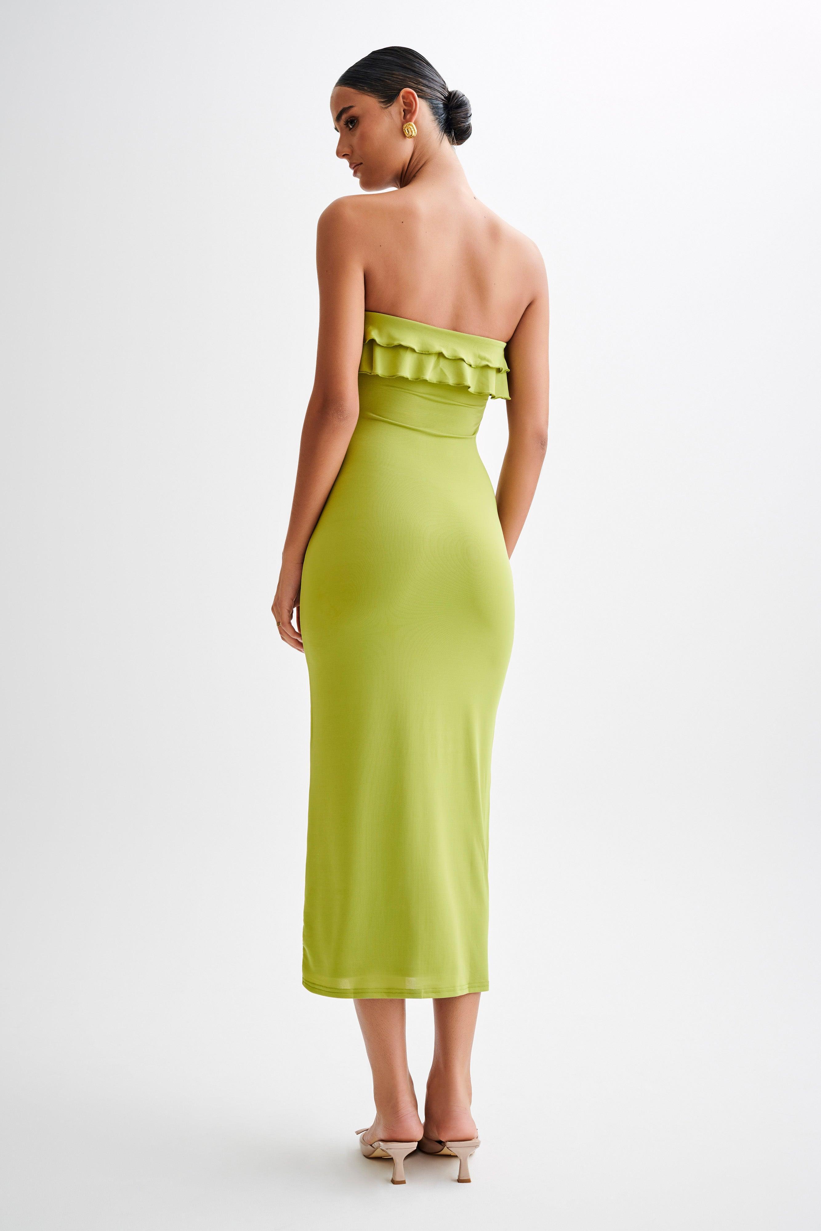 Bea Strapless Slinky Ruffle Midi Dress - Apple Product Image