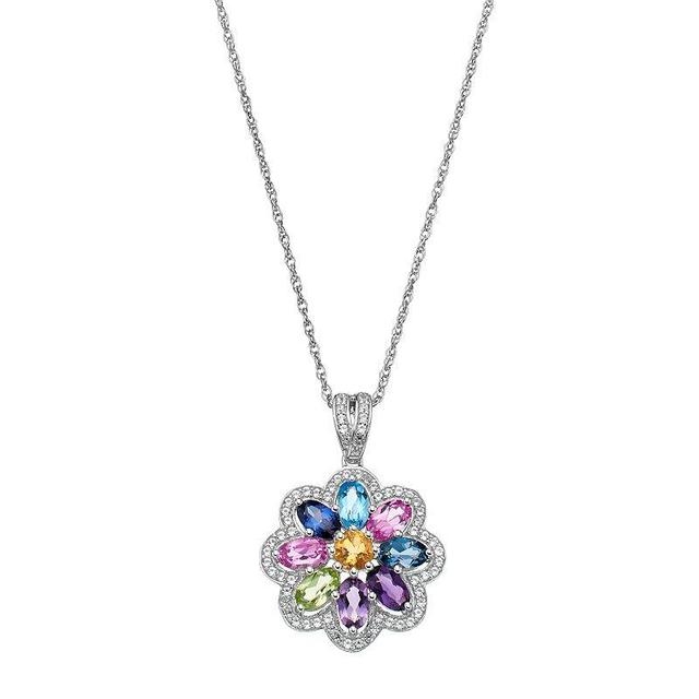 Sterling Silver Gemstone Flower Pendant Necklace, Womens Multicolor Product Image