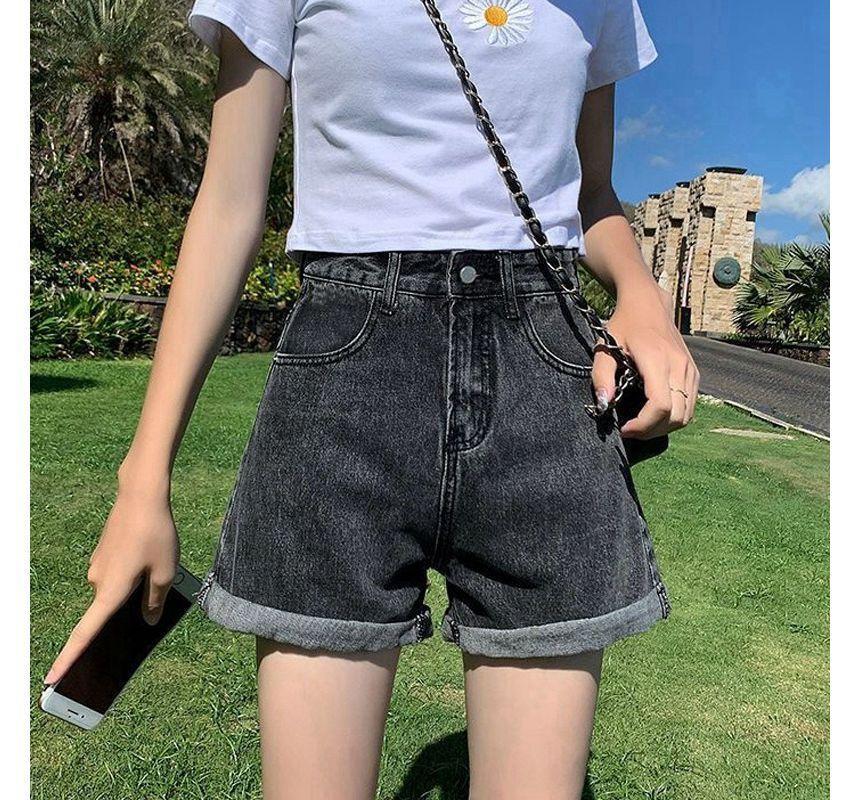 High Waist Washed Denim Shorts Product Image