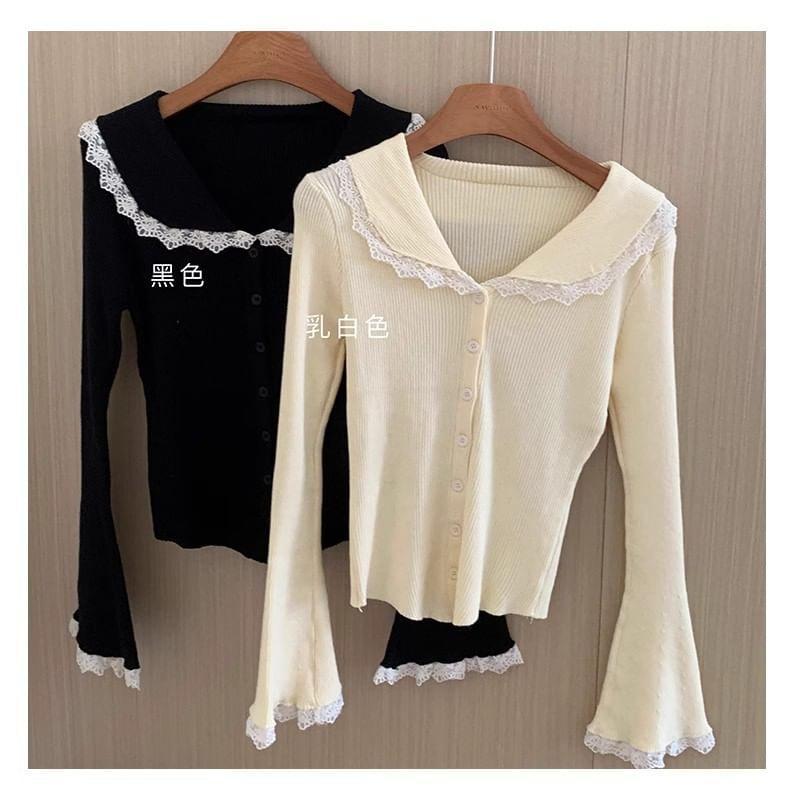 Long-Sleeve Collar Ribbed Lace Trim Button Knit Top Product Image