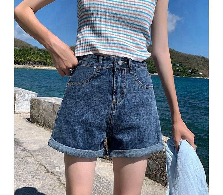 High Waist Washed Denim Shorts Product Image