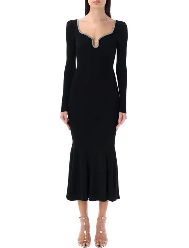 Crystal-embellished Ruffled Ribbed-knit Midi Dress In Black Product Image