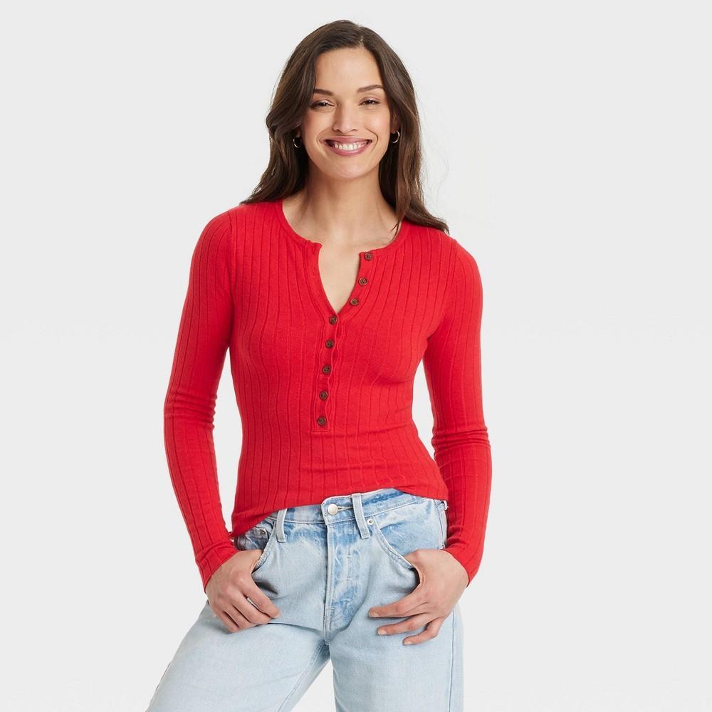 Womens Henley Pullover Sweater - Universal Thread Red M Product Image