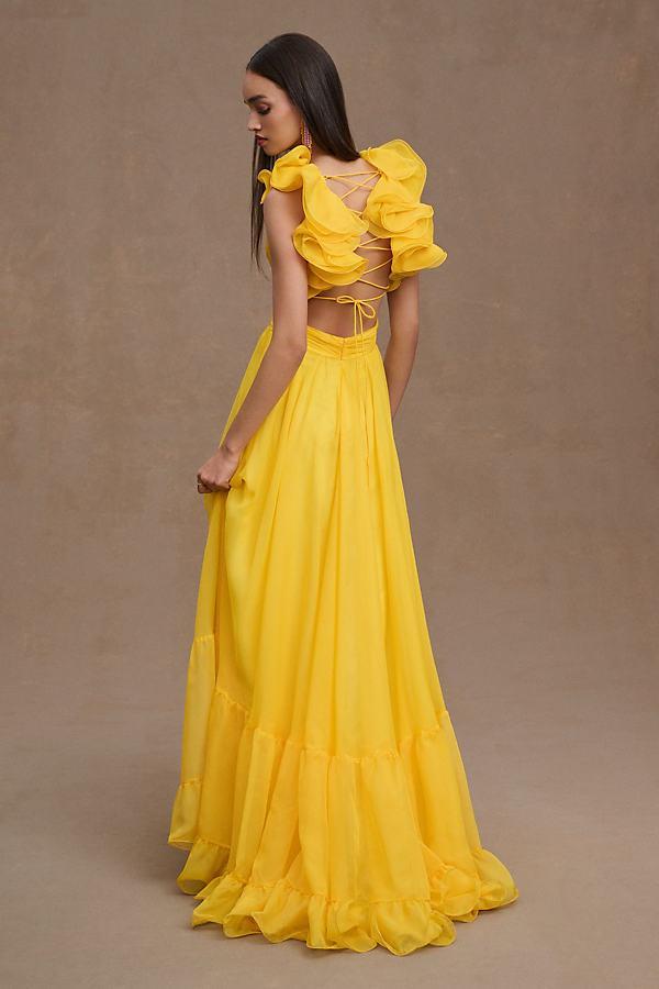 Ieena Mac Duggal Chiffon V-Neck Sleeveless Cut-Out Strappy Back Detail Tiered Ruffle Hem Gown Product Image