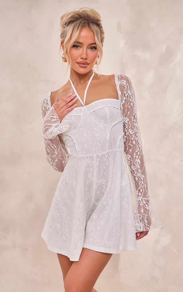 White Floral Mesh Long Sleeve Square Neck Romper Product Image