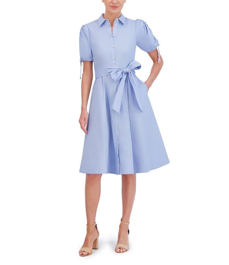 Eliza J Poplin Collar Neck Elbow Puff Sleeve Tie Front Midi Shirt Dress Product Image