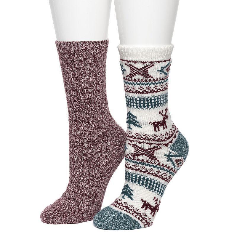 Womens Cuddl Duds 2-Pack Plushfill Reindeer Snowflake Fairisle with Twist Rib Crew Socks Product Image